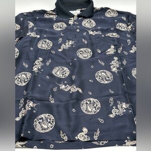 100% Silk Mens Blue Silver Polo Dragon Satin Button Front Shirt, 46” chest XXL